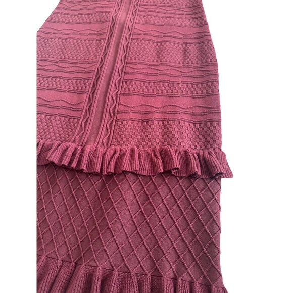 Bohme Knit Textured Burgundy Dress With Ruffle Trim & Puff Sleeves .Size L - Picture 3 of 10